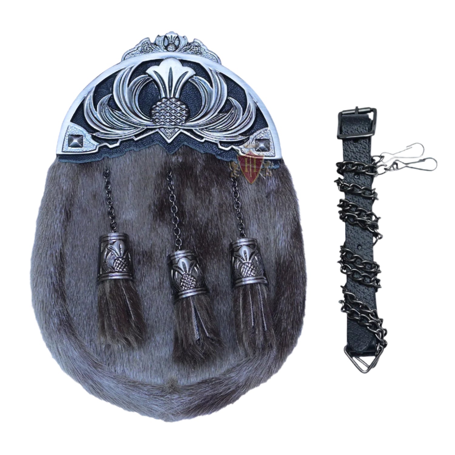 Thistle Crown Antique Cantle Full Dress Sporran Multi Gray Sporran with matching Cups